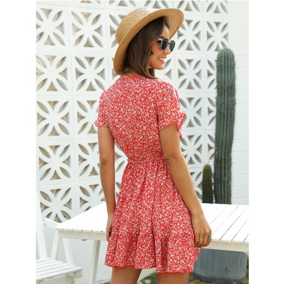 Deep V Tie Front Ditsy Floral Flared Mini Dress - Picture 2 of 7